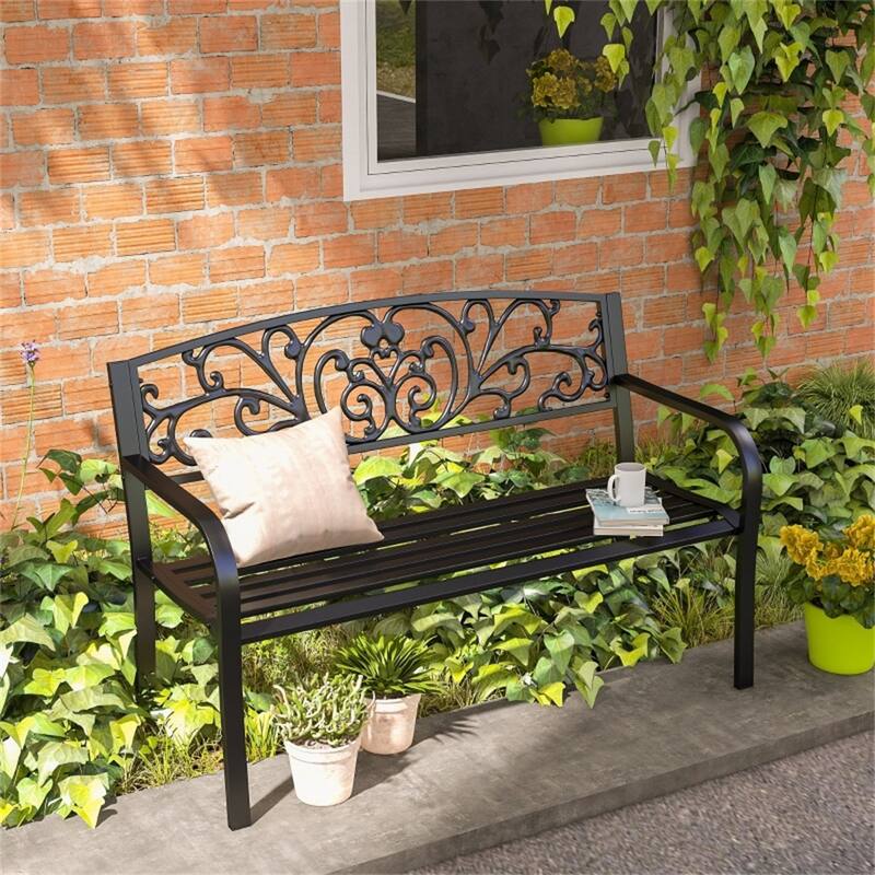 Outdoor Steel Garden Bench with Floral Backrest Two Seat Patio Seat for Yard Porch and Garden - 50" L x 23.5" W x 34.25" H