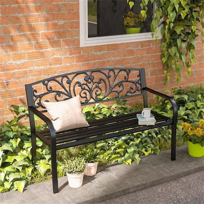 Outdoor Steel Garden Bench with Floral Backrest Two Seat Patio Seat for Yard Porch and Garden - 50" L x 23.5" W x 34.25" H
