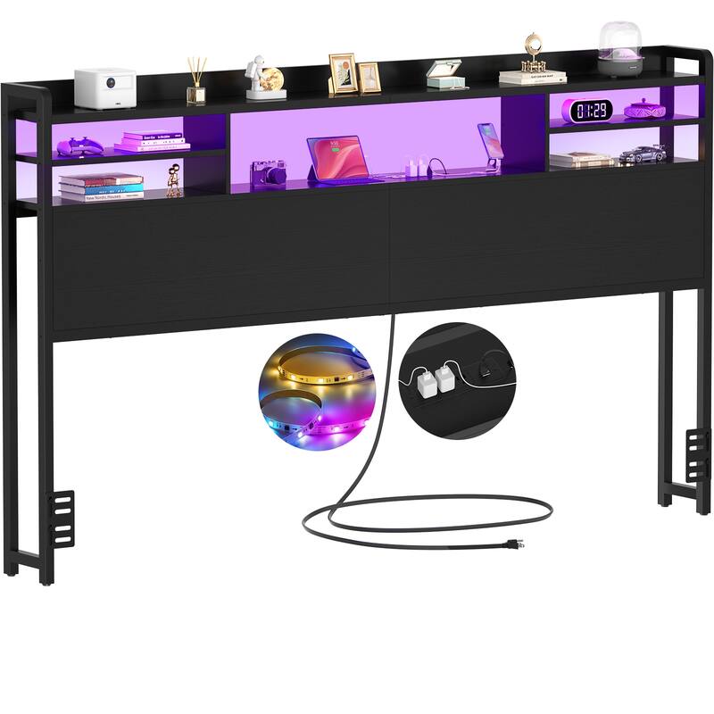 Storage Headboard with USB Port and Power Outlet, Head Board with LED Light for Bed Frame