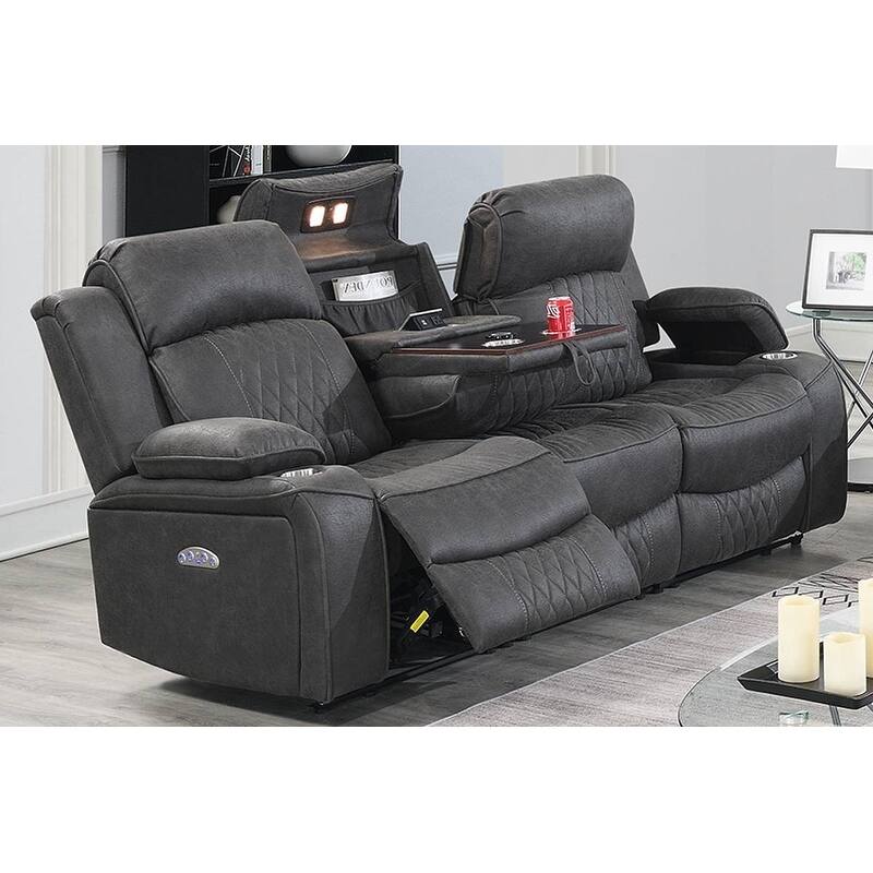 Contemporary Charcoal Gel Leatherette Power Motion Sofa with Storage Arms and Cup Holder