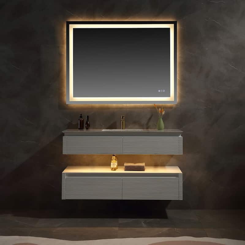 Modland 36/48 Inch LED Floating Vanity with Marble Top & Soft-Close Drawer - Green/White, Wall Drain Ready