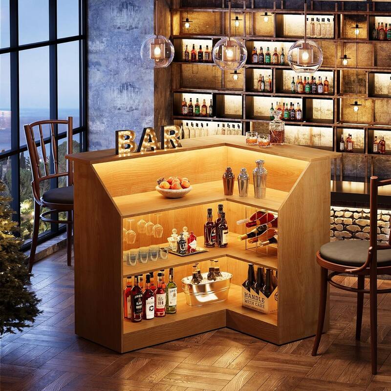 L Shaped Home Bar Cabinet Table with Stemware Racks