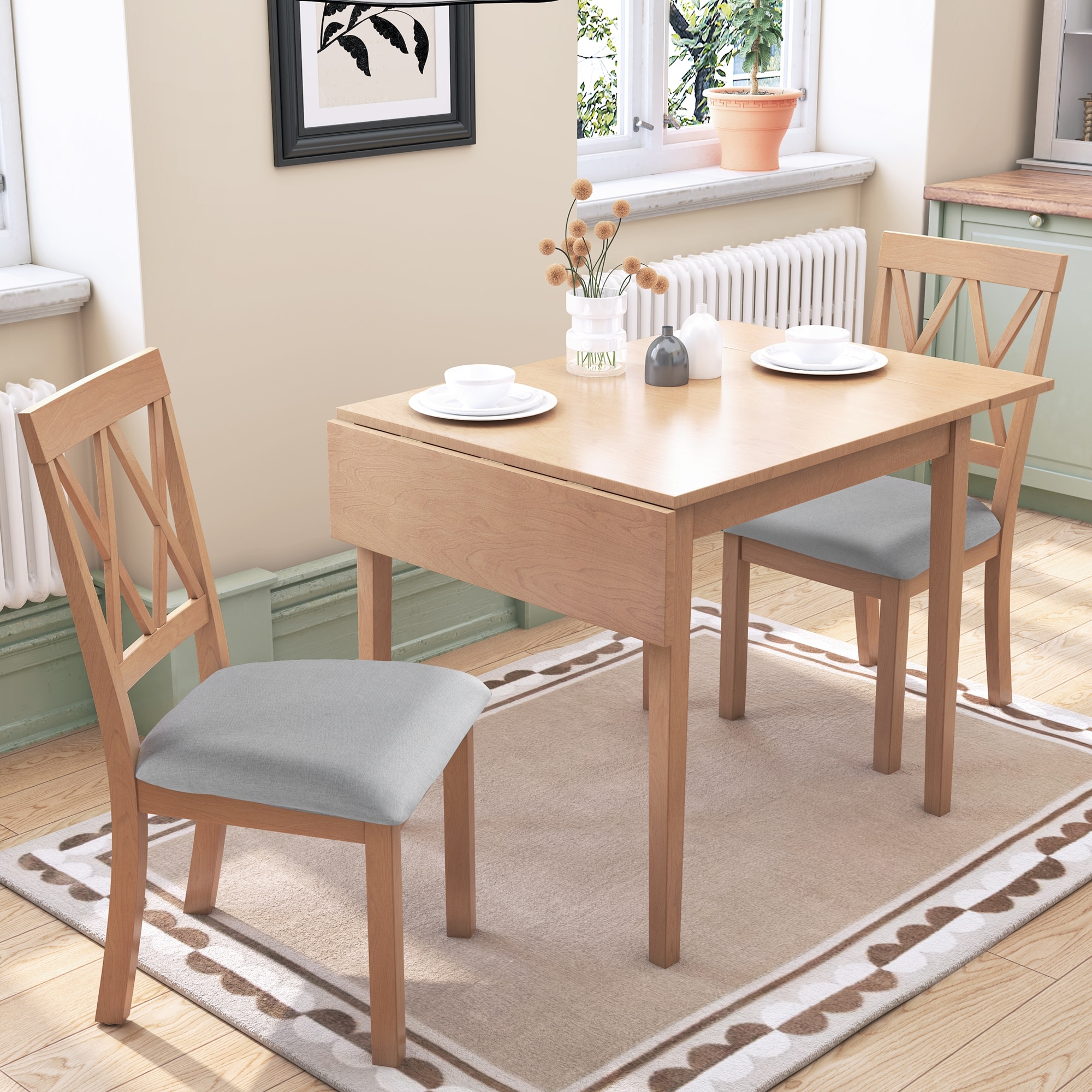 3 Piece Kitchen Dining Set, Small Breakfast Nook Dining Set with Drop Leaf Dining Table and 2 Dining Upholstered Chairs