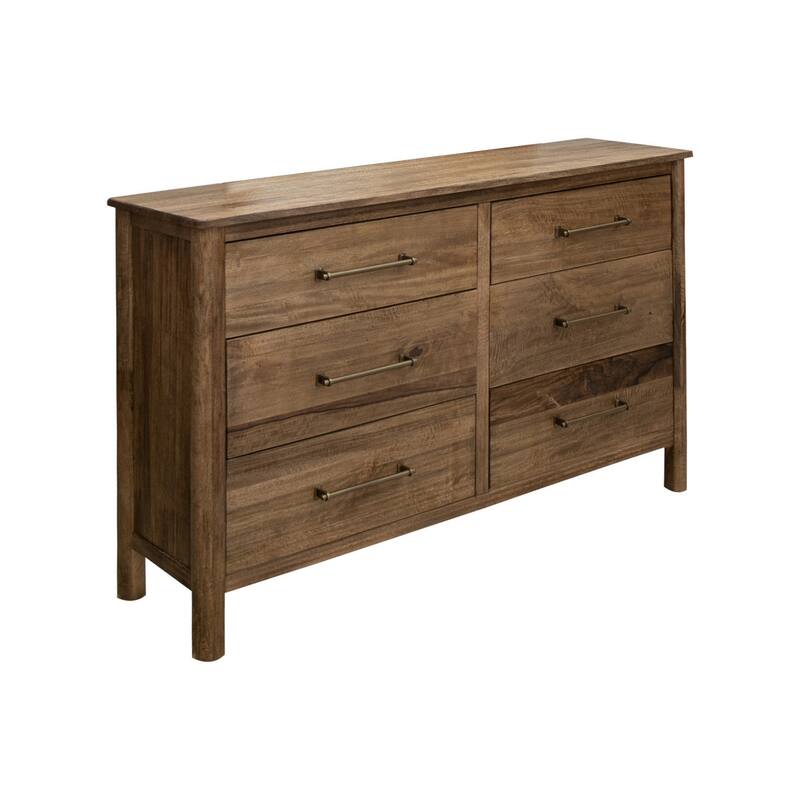 Olum 62 Inch Dresser, 6 Drawers, Metal Handles, Solid Mango Wood, Brown