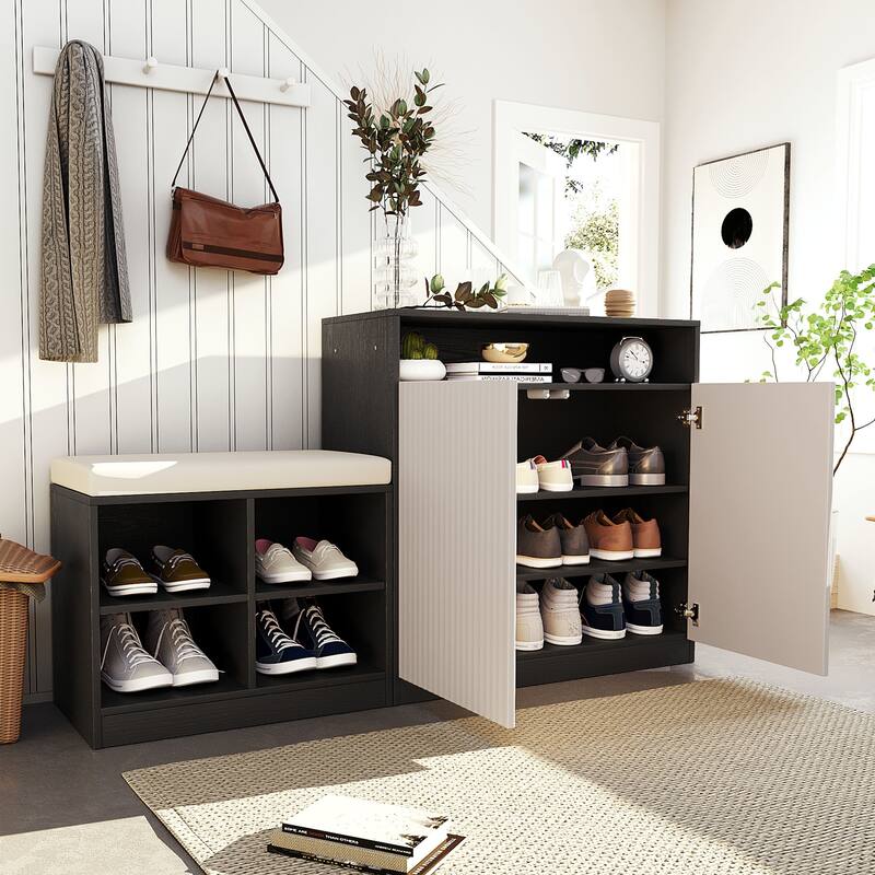 Storage Cabinet w/ Shoe Bench, 3-Tier Adjustable Shelves, 4 Open Shoe Racks & Removeble Cushion