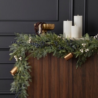 Mixed Mica Foliage with Blueberries and Harmony Bells 9ft Garland Pre-Lit with 50 LED Fairy Lights B/O