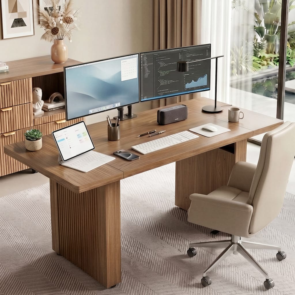 Bestier 63" Fluted Wood Executive Desk, Modern Thick Top Computer Work Table, Rustic Wide Writing Desk for Home & Office