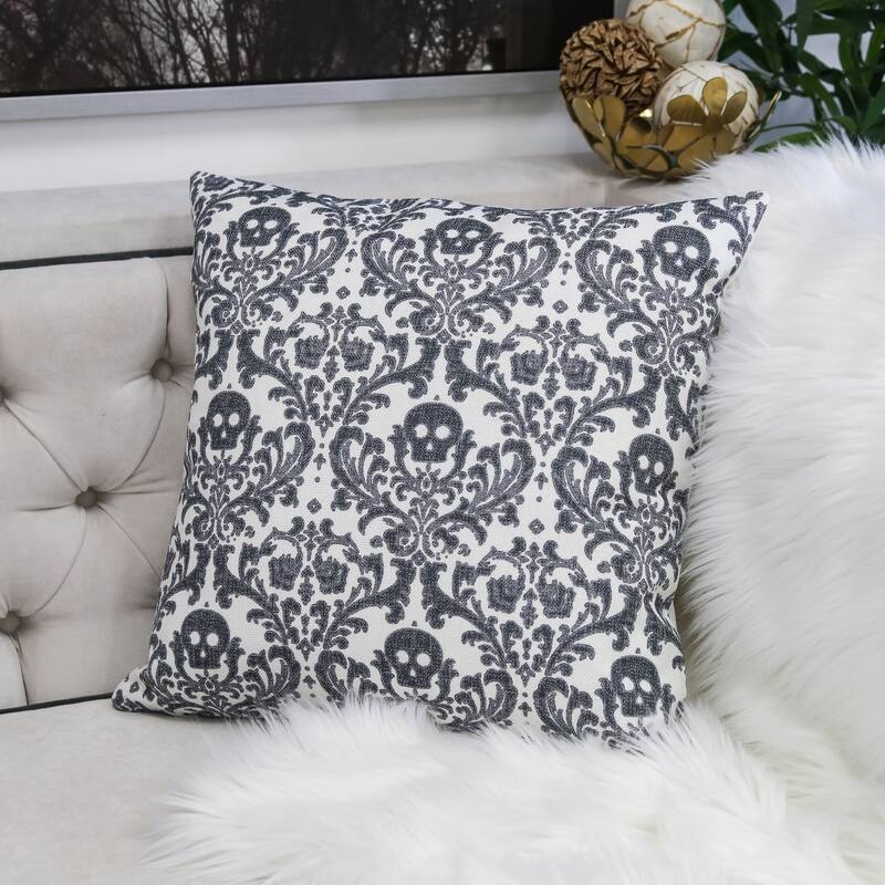 Gothic Damask Skull Throw Pillow - Black & White Cotton Linen Set of 2