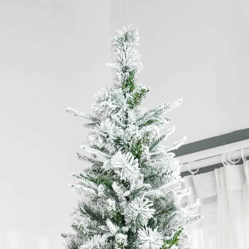 Pre-Lit Snow Flocked Artificial Christmas Tree with Hinged Sections & Metal Stand for Quick Setup, 5ft, 6ft, 8ft, 9ft