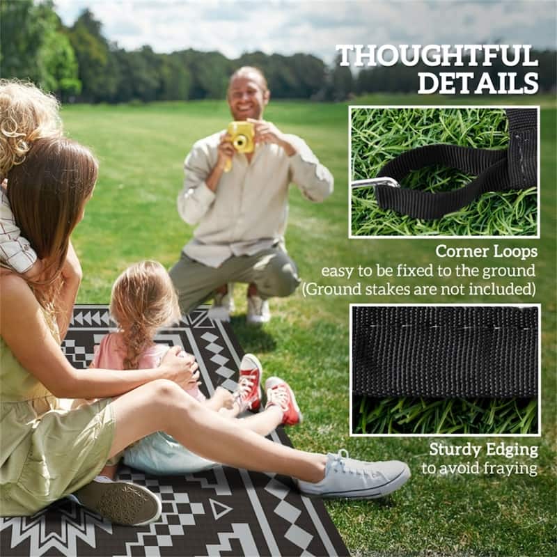 Reversible Outdoor Rug Square Patchwork, UV-Protected Foldable Polypropylene Mat with Carry Bag - : 215.7" L × 107.9" W