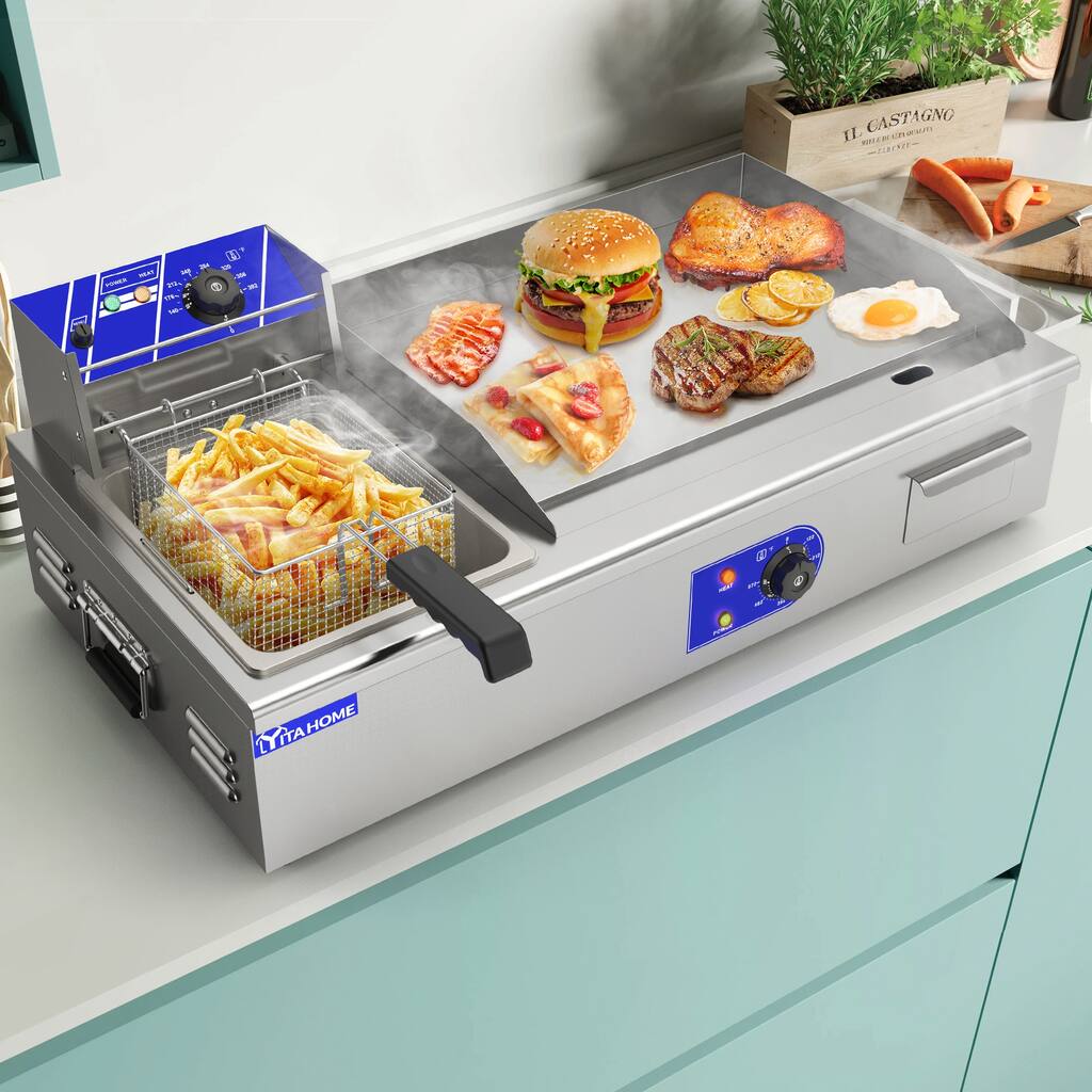Moasis 2-IN-1 Commercial Flat Top Electric Griddle 22" and 12L Electric Deep Fryer For Restaurant Kitchen