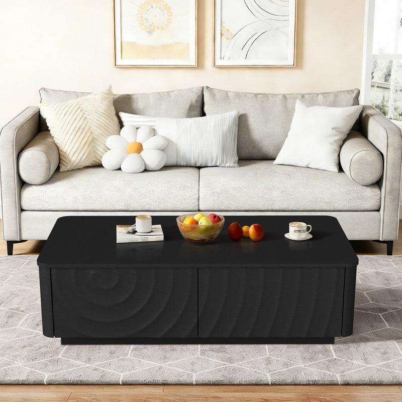 Mid Century 47" Rectangle Coffee Table with Unique Wave Texture and Safe Rounded Corner Design for Living Room - Black