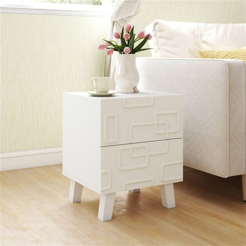 White Engineered Wood Nightstand with 2 Drawers and 3D Geometric Design