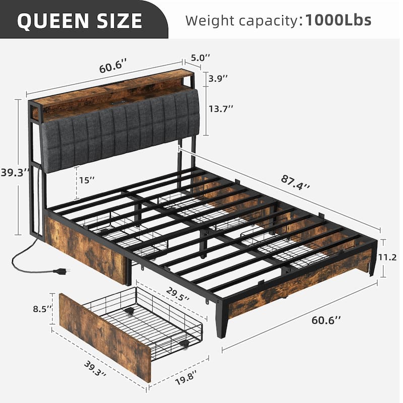 Upholstered Platform Bed with Charging Station and Storage Headboard