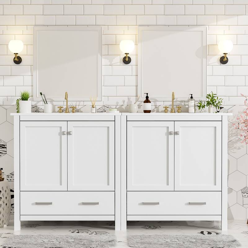 60"Bathroom Vanity Set with Double Vanities (Separate), Double Ceramic Sinks, Storage Shelf, and Divided Drawers - White