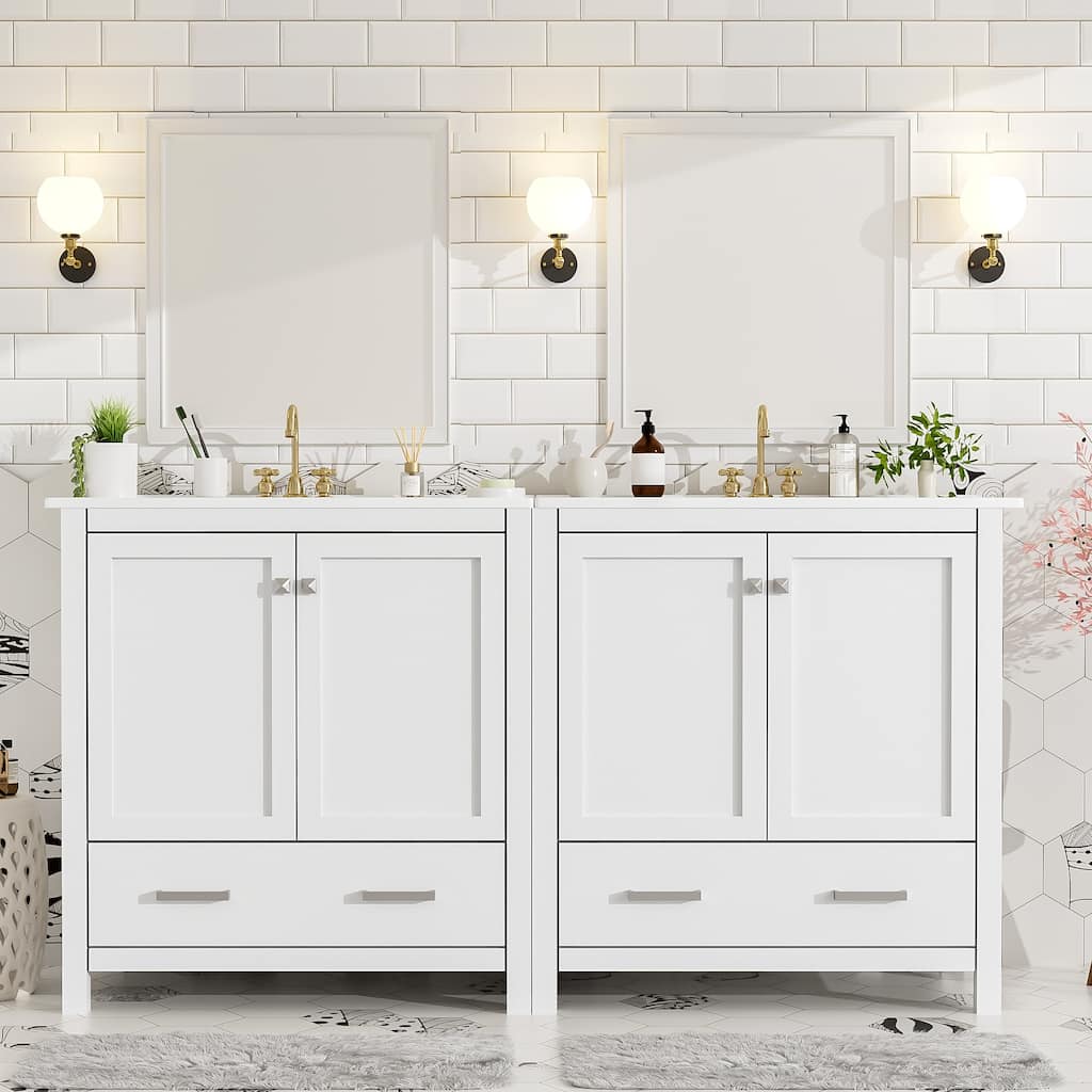 60"Bathroom Vanity Set with Double Vanities (Separate), Double Ceramic Sinks, Storage Shelf, and Divided Drawers