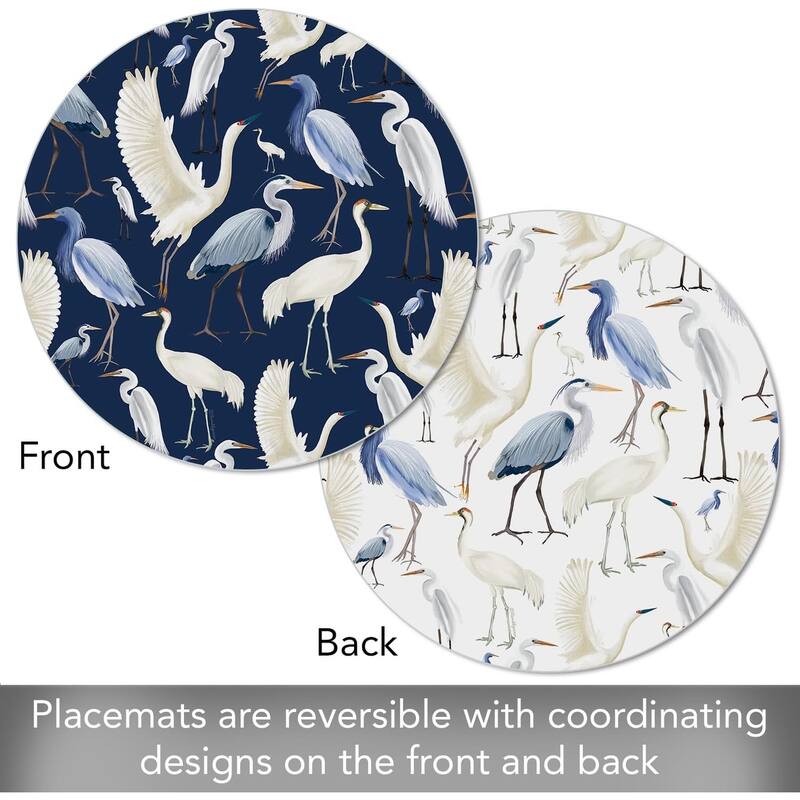 Beachy Birds 4 Pack Round Reversible Easy Care Flexible Plastic Placemats Made in The USA Reversible Flexible Easily Wipes Clean