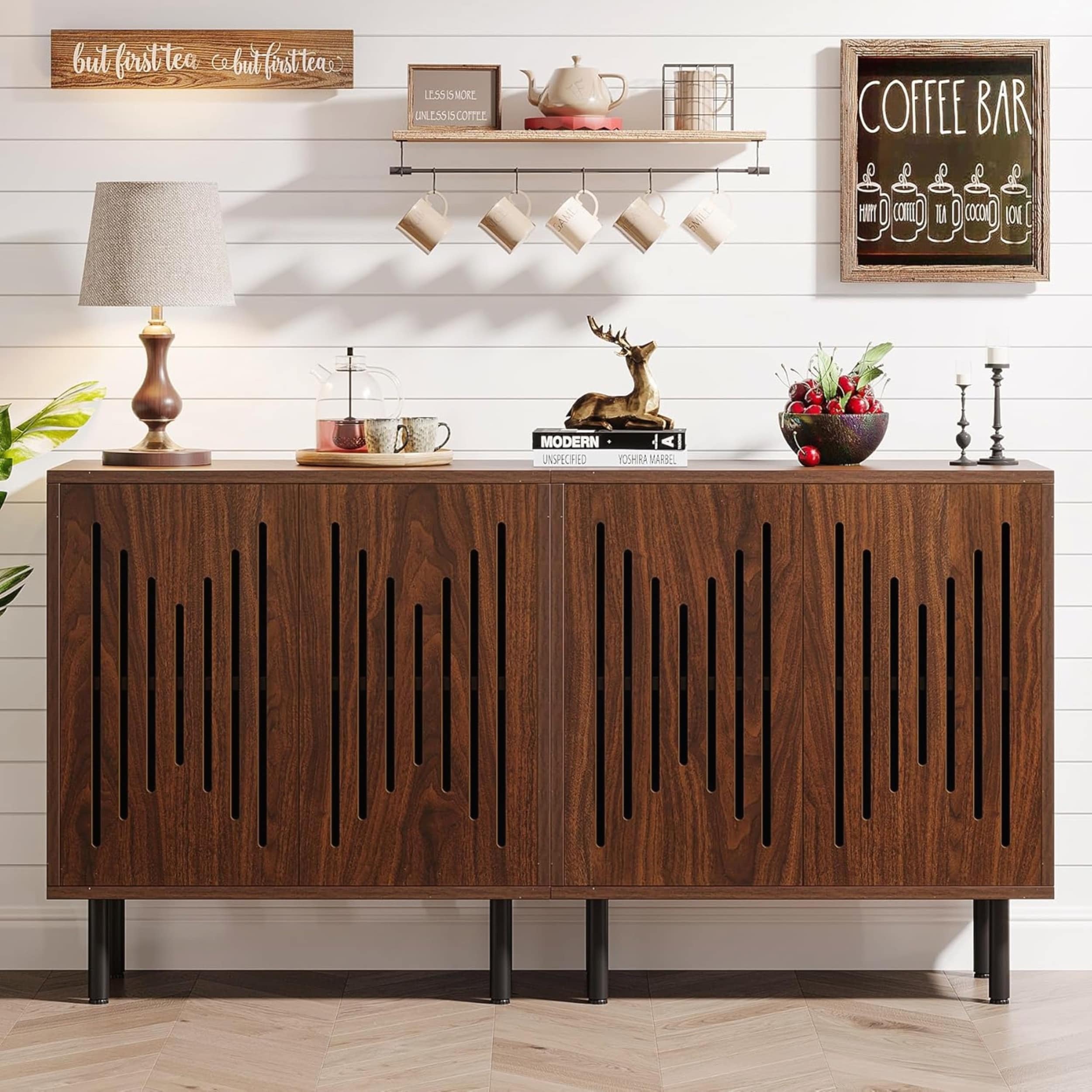 Set of 2 Dark Brown 59 Inch Buffet Sideboard Cabinets with Adjustable Shelves and Spacious Storage for Living and Dining Rooms