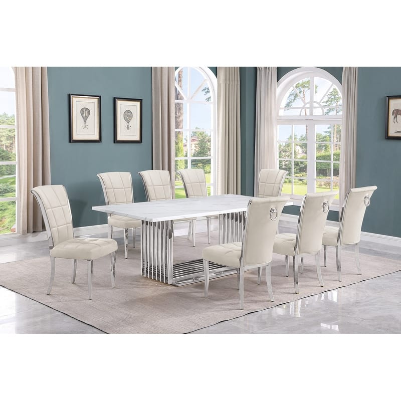 Best Quality Furniture D312/3-SC320-7 Dining Set with 79" White Marble Top - 9-Piece - Cream / Silver