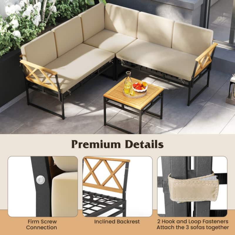 4-Piece L-Shaped Design Outdoor Sectional Sofa Set with Acacia Wood Table and Beige Cushions - 25.5" x 47.5" x 26"