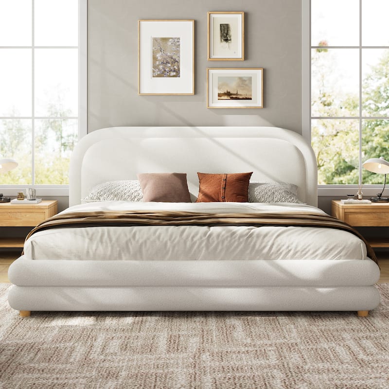 Christopher Knight Home - Camellia Modern Boucle Upholstered Bed Frame with Thick Curved Headboard and Wood Legs