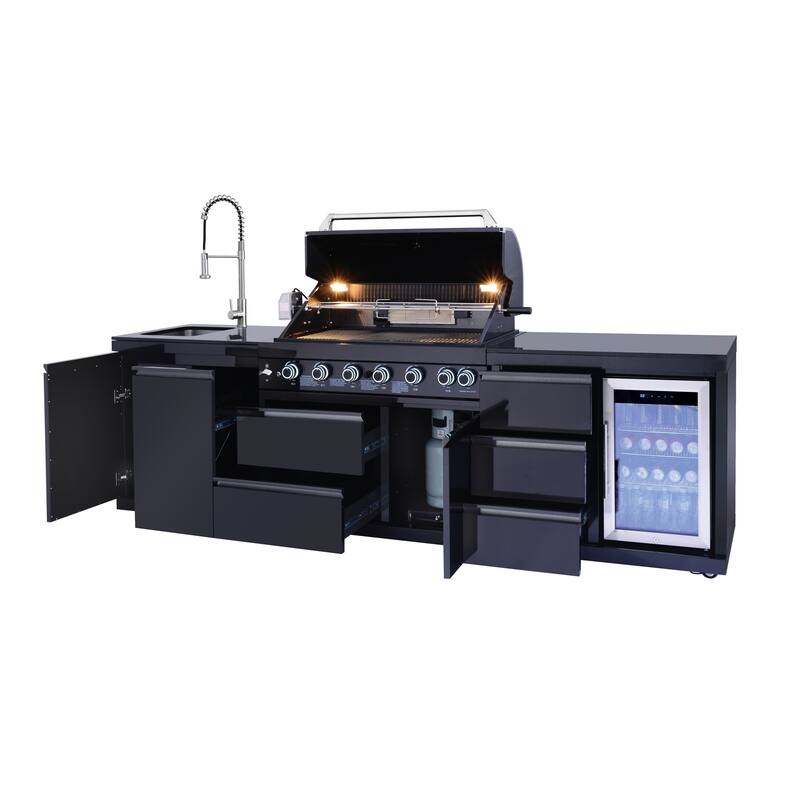 GDFStudio Viremont Stainless Steel Outdoor Kitchen Island Grill with 6 Burners, Refrigerator and Rotisserie