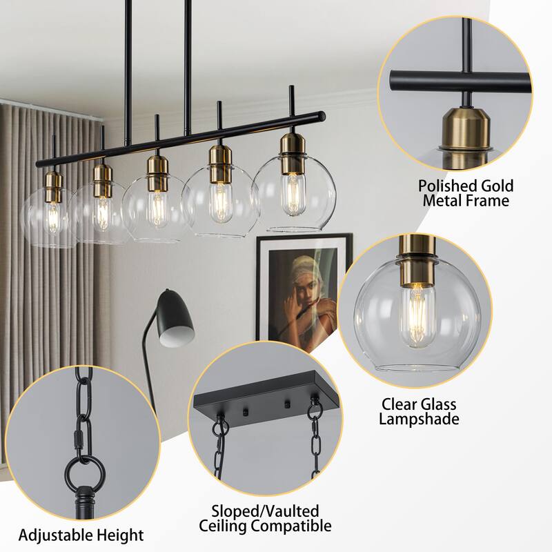 Starsky 5-Light Modern Kitchen Island Linear Pendant Light with Clear Globe Glass Shades