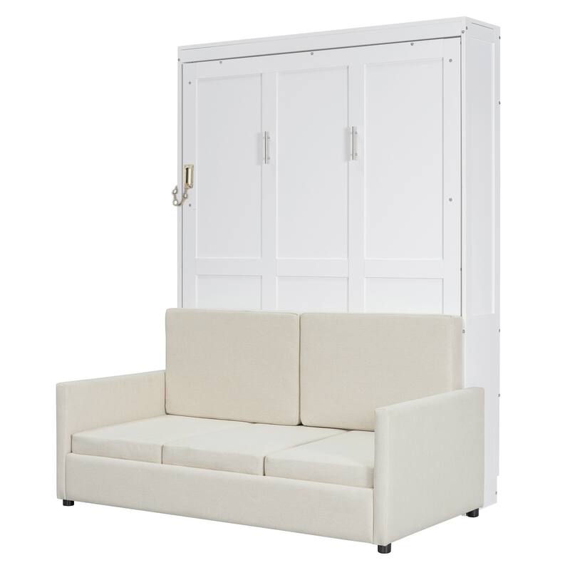 Wood Bedframe Foldable Canbinet Wall Bed Full Size Murphy Bed with Linen Sofa, Hidden Storage and Dual Piston Mechanism