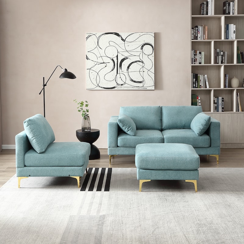 92'' Fabric L-Shape 3-Seater Sofa with Ottoman, Gold Metal Legs, and Toss Pillows