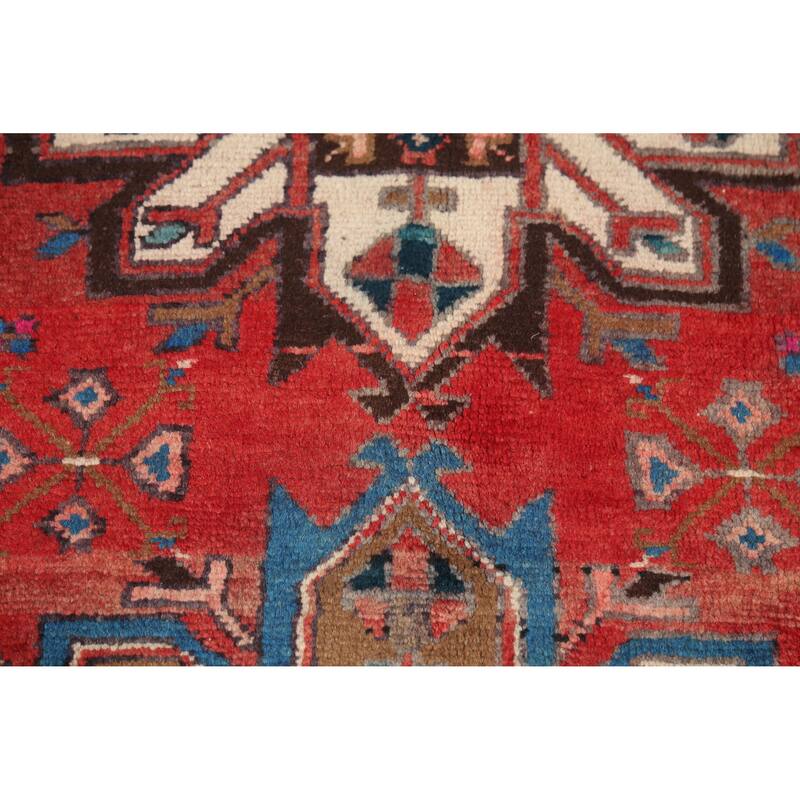 Hand Knotted Oriental 100% Wool Carpet Traditional Geometric Red Heriz Runner Rug - 9' 7'' X 3' 2''