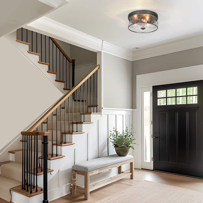 Modern 3-Light Black Silver Drum Flush Mount Light Seeded Glass Ceiling Lights for Foyer - D 13.5" x H 6"