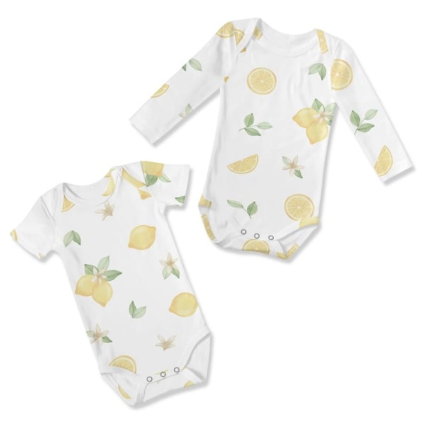 slide 2 of 5, Sweet Jojo Designs Lemon Floral Girl 0-6M Baby Clothes Onesies 2 Pack Yellow White Watercolor Boho Bohemian Farmhouse Leaf Fruit