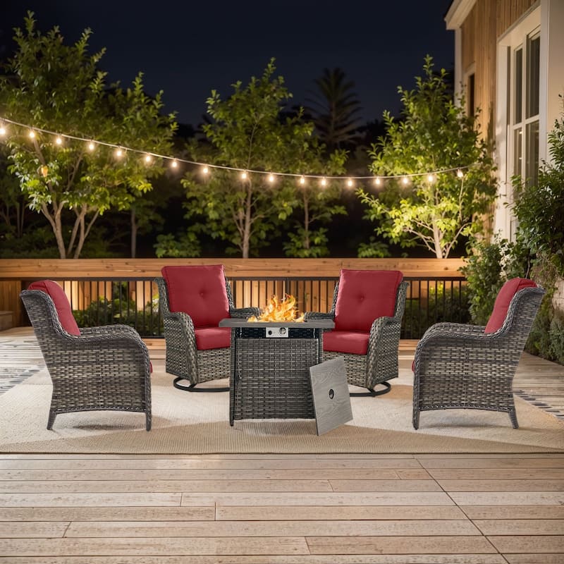 Gymojoy 5-Piece Outdoor Furniture Conversation Set, 2 Swivel Chairs, 2 Patio Chairs & 55K BTU Fire Pit Table - Grey Wicker / Red Cusion - 5-Piece