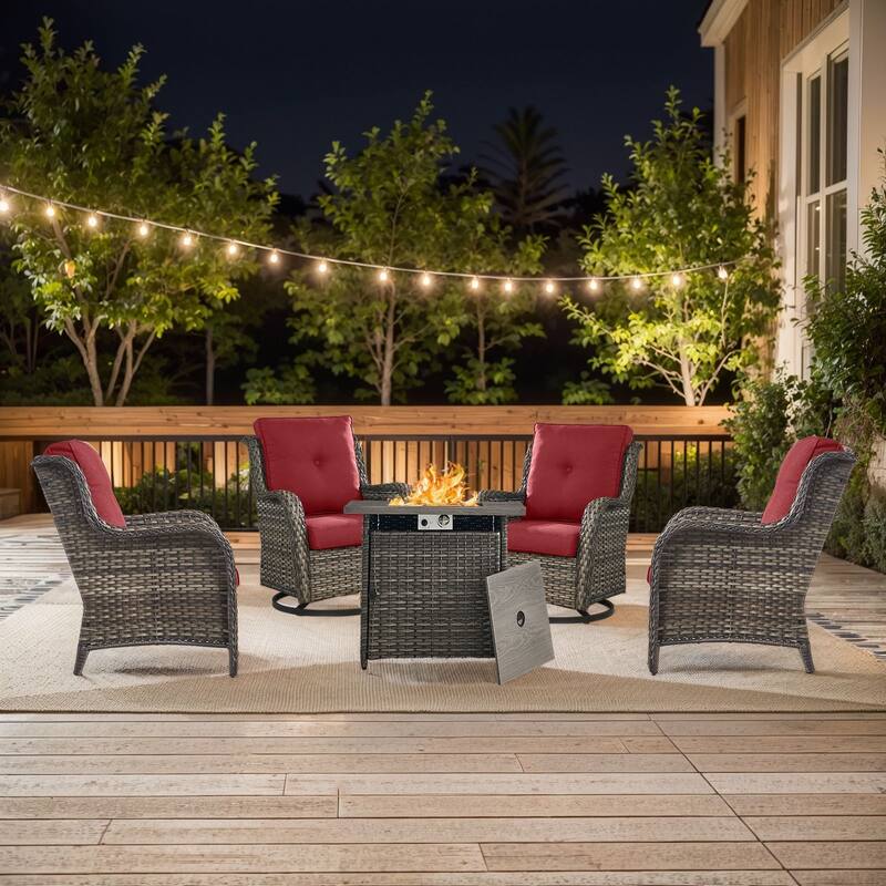 Pocassy 5 Pieces Outdoor Patio Chairs with Fire Pit Table - Grey Wicker Red Cushion - 7 Pieces Chairs with Fire Table