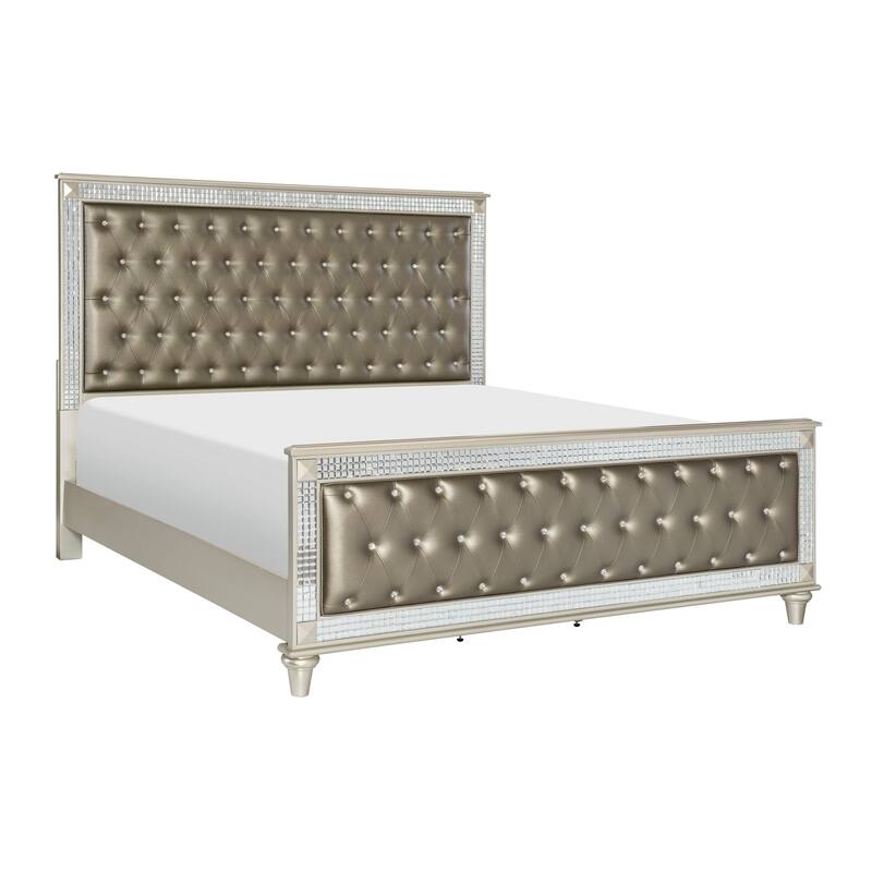Juhi Queen Size Bed, Button Tufted Gray Faux Leather, Crystals Trim, Wood