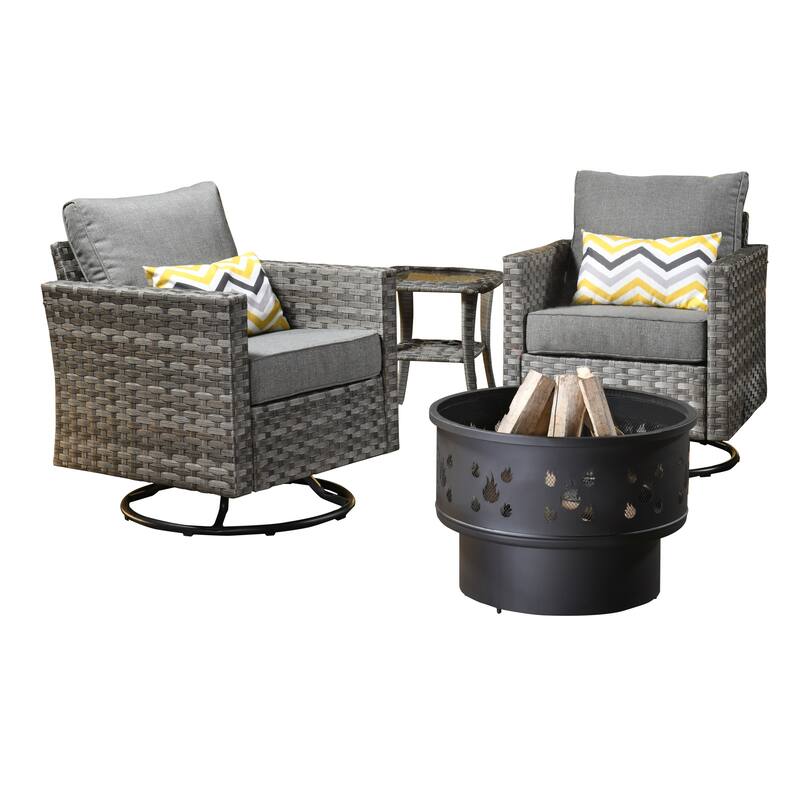 HOOOWOOO 4-piece Wicker Patio Swivel Chair Set with Wood Burning Fire Pit