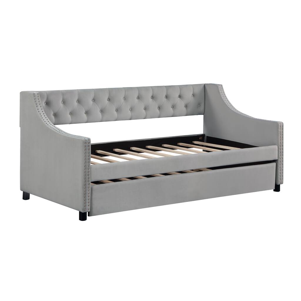 Gray Full Size Modern Upholstered Tufted Daybed with Trundle for Kids or Guest for Bedroom