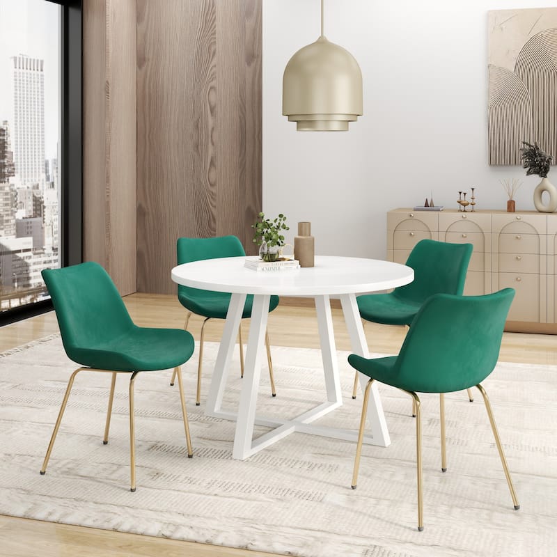 Modern Style Dining Set with Round Dining Table and Velvet Upholstered Chairs - 5-Piece Sets - White+Green