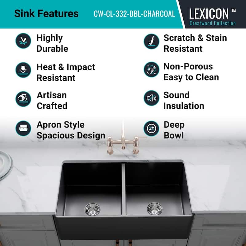 33 x 18 Inch Crestwood Farmhouse Sink, Charcoal Fireclay Kitchen Sink, Double Bowl Apron Front, Plain Farm Sink - 33x18