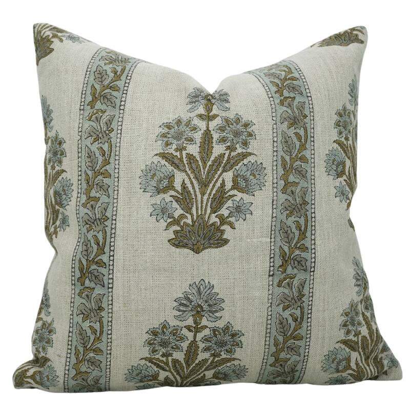 Fabdivine Decorative Floral Cushioncase for Bed or Sofa Rustic Heavy Linen Handblock Print Grey Pillow Cover, Morpankh - Pillow Covers - Morpankh- Blue, Green - 18" x 18"