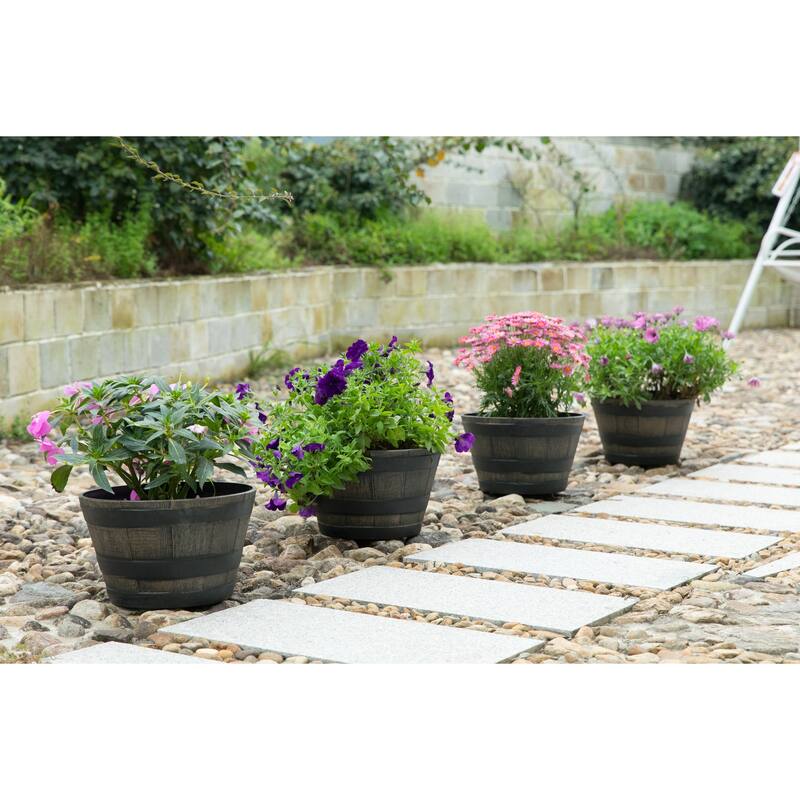 Gardenised 4-Piece Round Half Barrel Flower Pots Rustic Farmhouse Style Faux Wood Planter Containers for Indoor & Outdoor Use