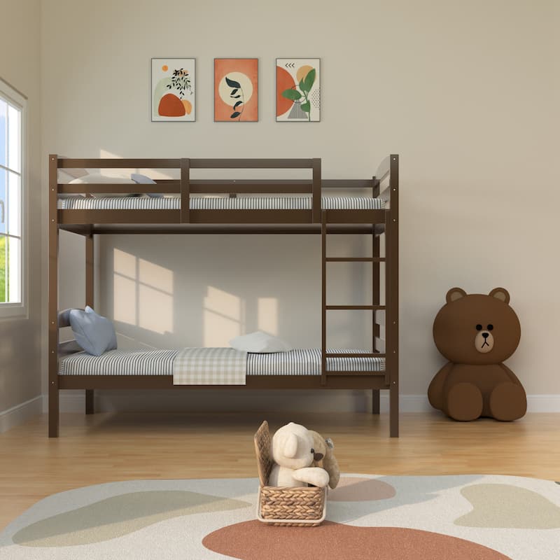 Modern Espresso Solid Wood Twin Over Twin Bunk Bed with Ladder