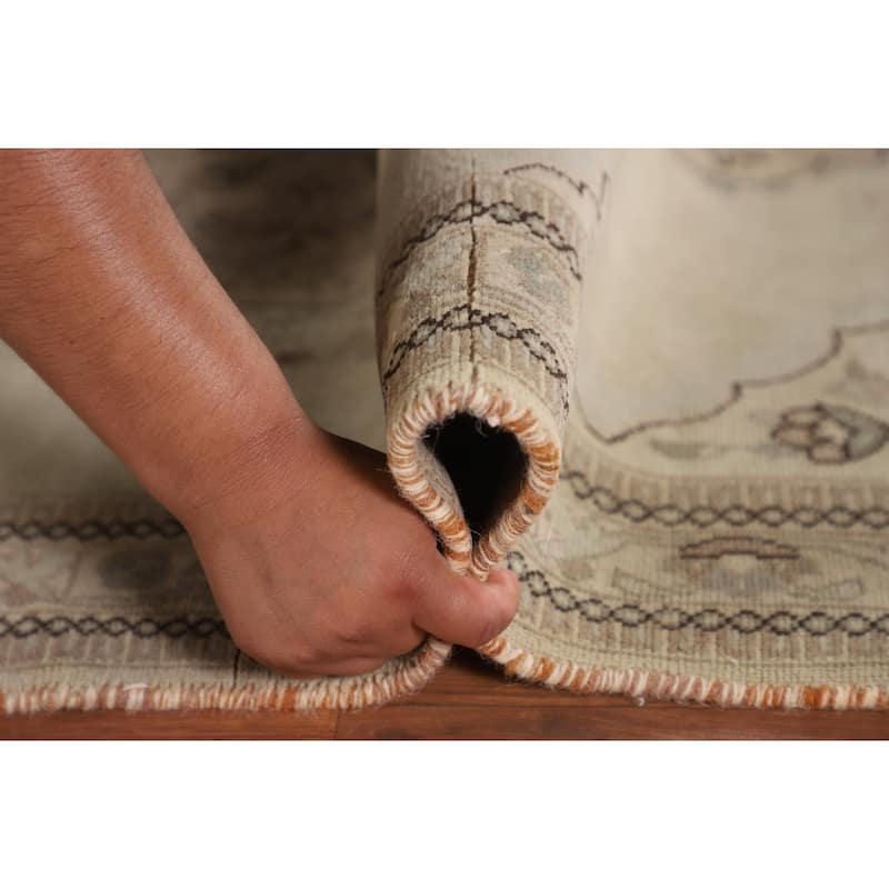 Geometric Tabriz Persian Vintage Rug Hand-Knotted Beige Wool Carpet - 3'6"x 5'3"