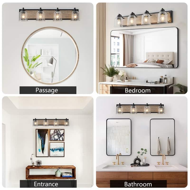 Farmhouse Vanity Sconce with Seeded Glass – Black/Wood Finish for Bathrooms (Bulbs Not Included)‌