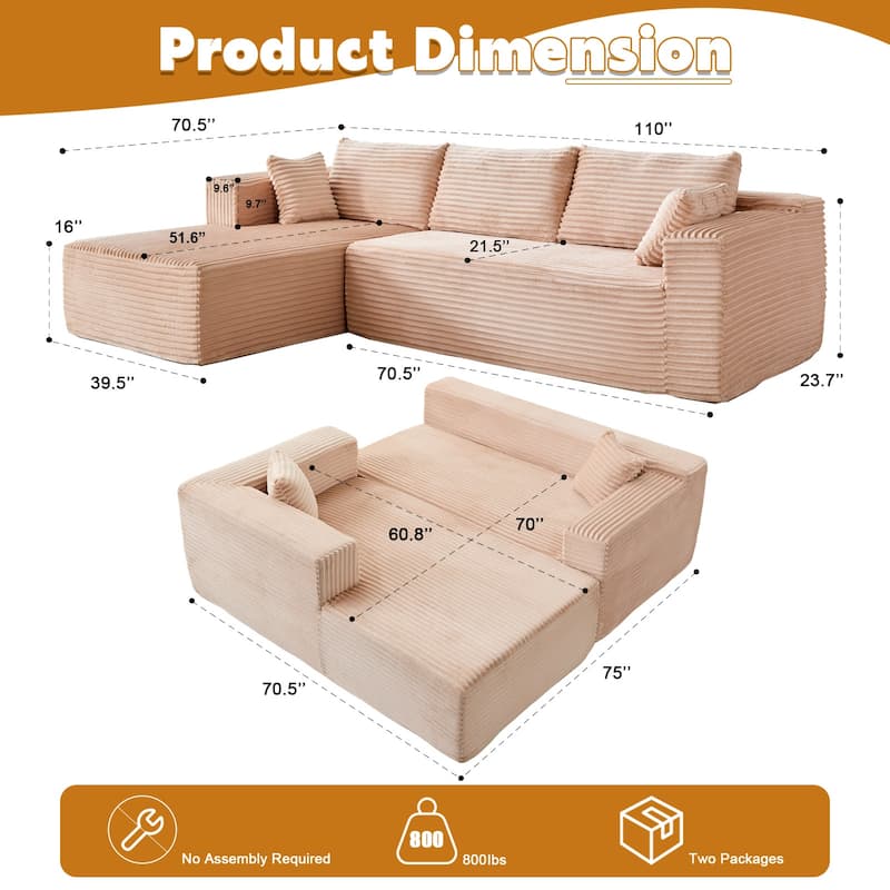 Modular L Shaped Sectional Sofa with Chaise Lounge, Corduroy Upholstered Boneless Sleeper Sofa, Compression Sofa with Deep Seat