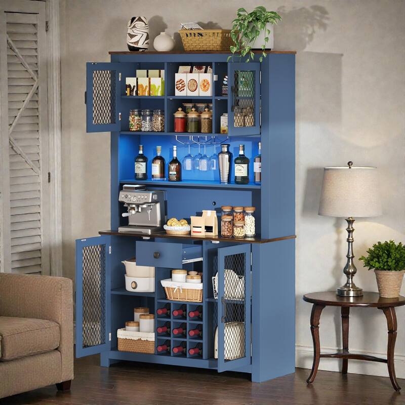 Rustic 70.9" Kitchen Hutch Pantry with LED Lights, AC/USB Outlets, Wine Bottle Rack, Glass Storage and Adjustable Shelves