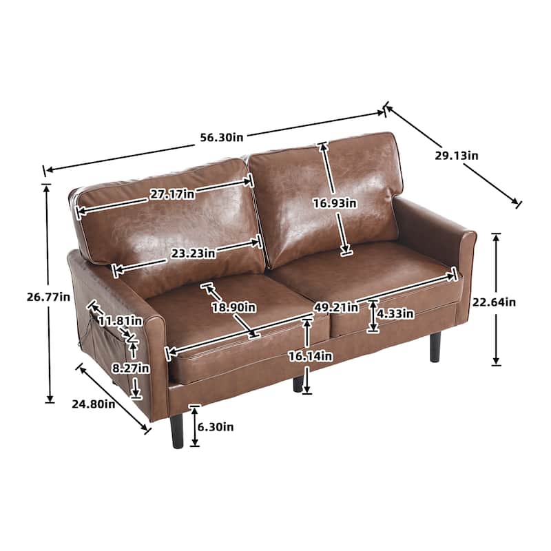 Roomfitters PU Loveseat Sofa, Mid-Century 2-Seater Couch with USB and Removable Pillow Covers for Living Room or Apartment