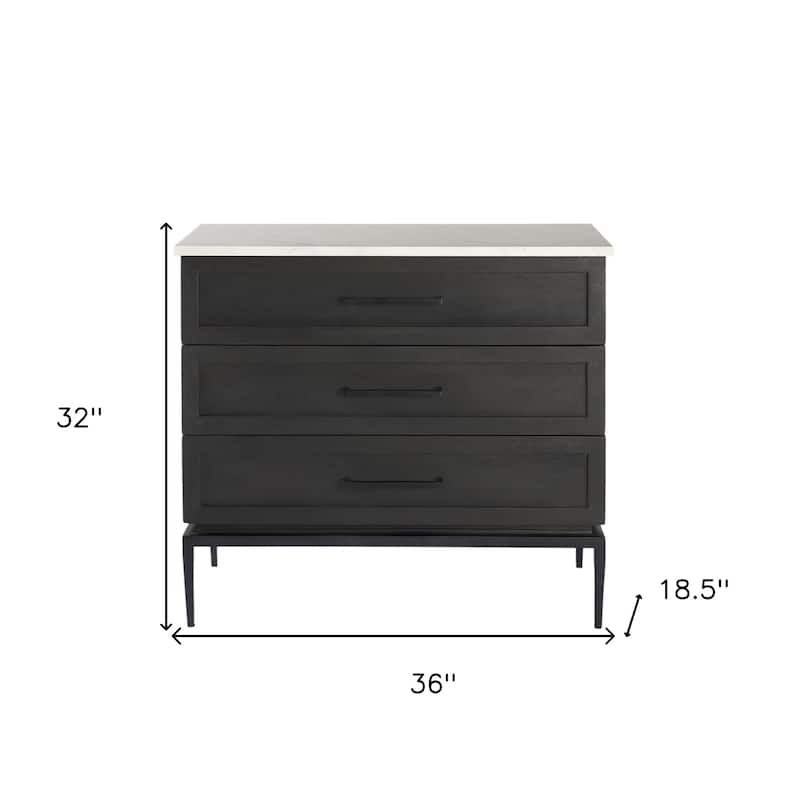HomeRoots 36" Black And White Solid Wood And Marble Three Drawer Dresser