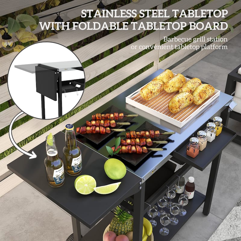Outsunny Outdoor Bar Table with Stainless Steel Tabletop, Outdoor Kitchen Island with 2-Tier Shelf with Wheels, Patio Serving