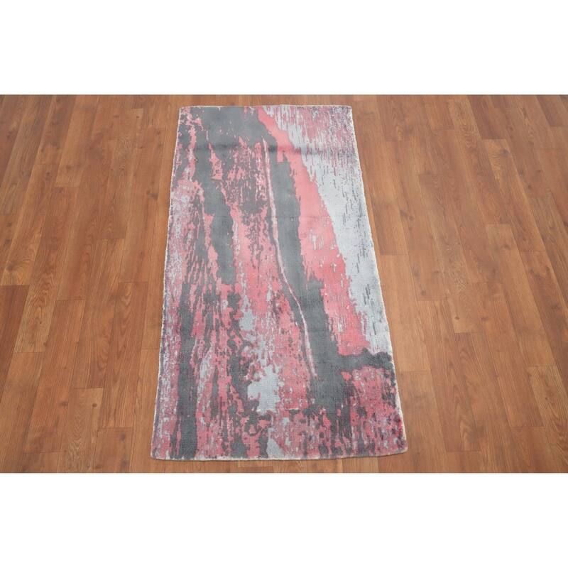 Hand Knotted Oriental Viscose Silk Carpet Modern Abstract Pink Abstract Area Rug - 4' 0'' X 2' 0''